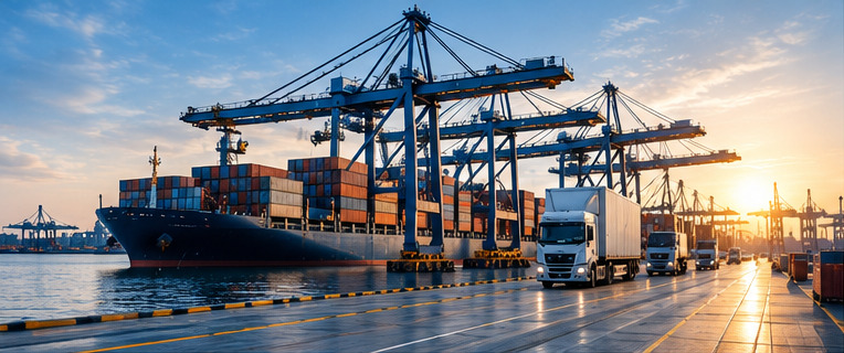 Internationaler Export und Import per Schiff und Lkw